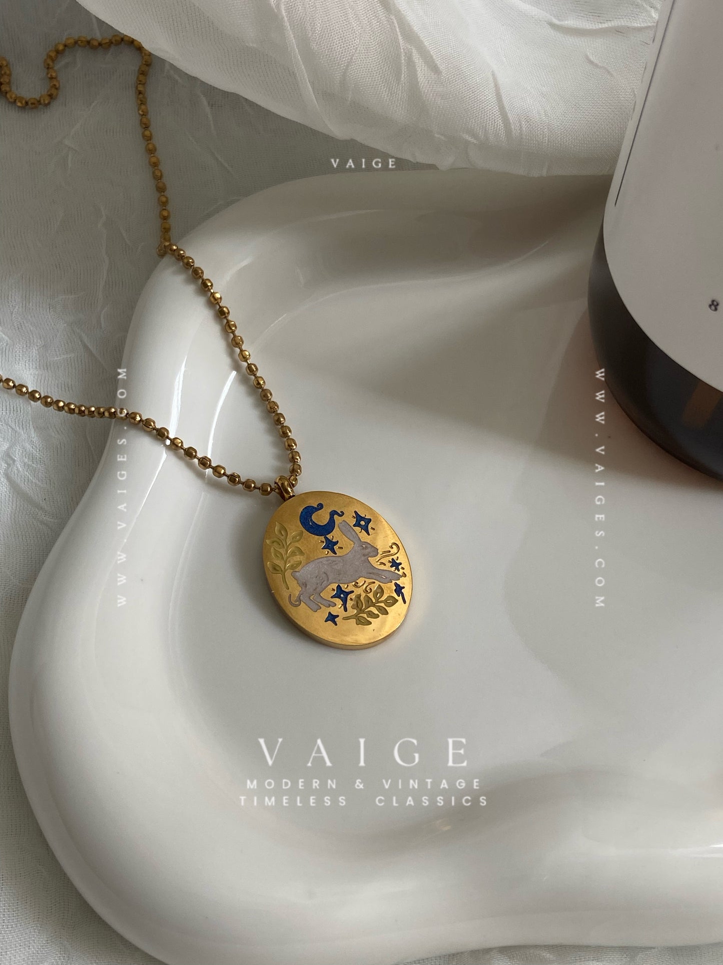 VAIGE Painted Enamel Rabbit Oval 18K Gold Plated Necklace