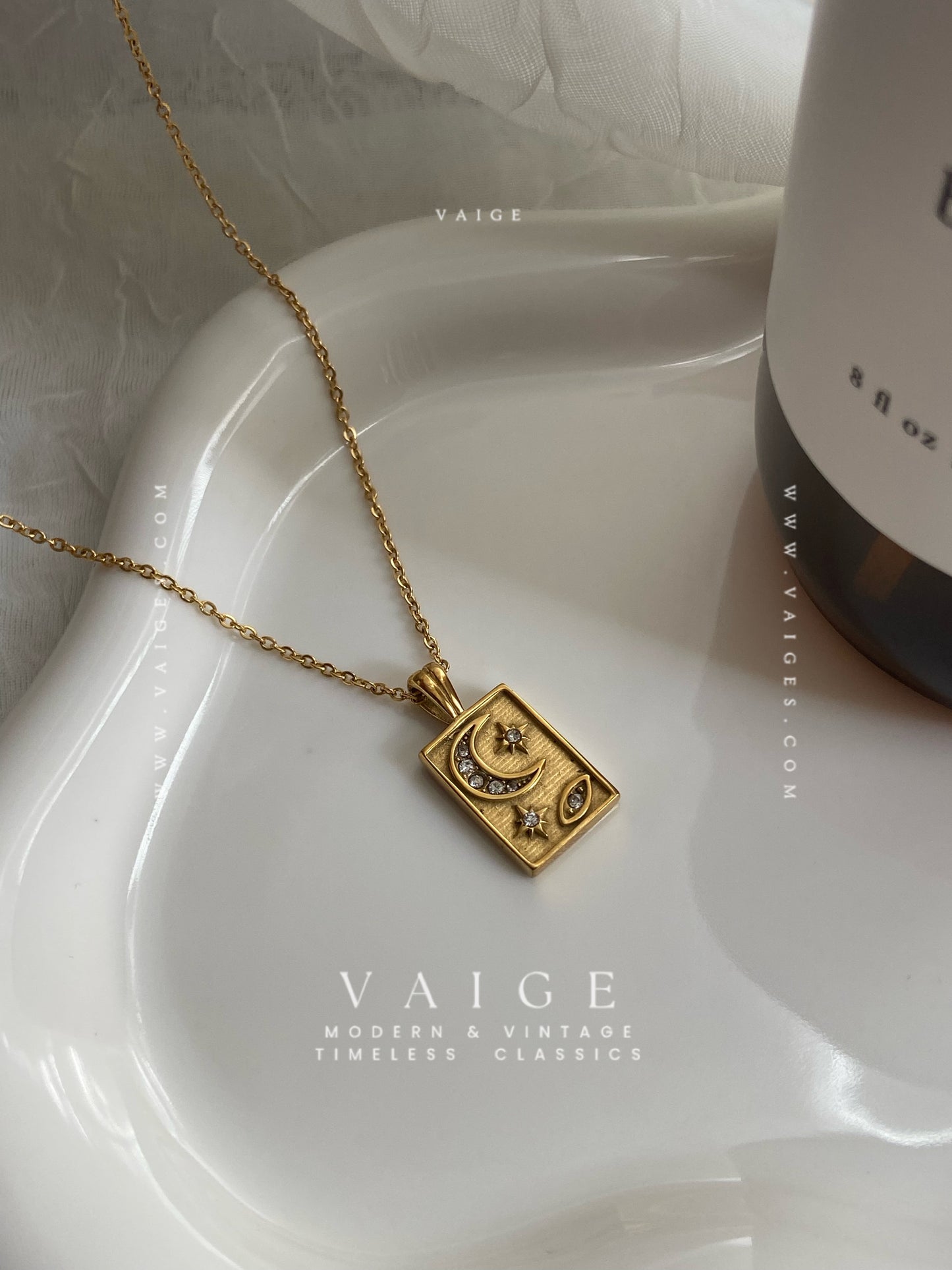 VAIGE 18K Gold Plated SS Star Moon Charm Necklace