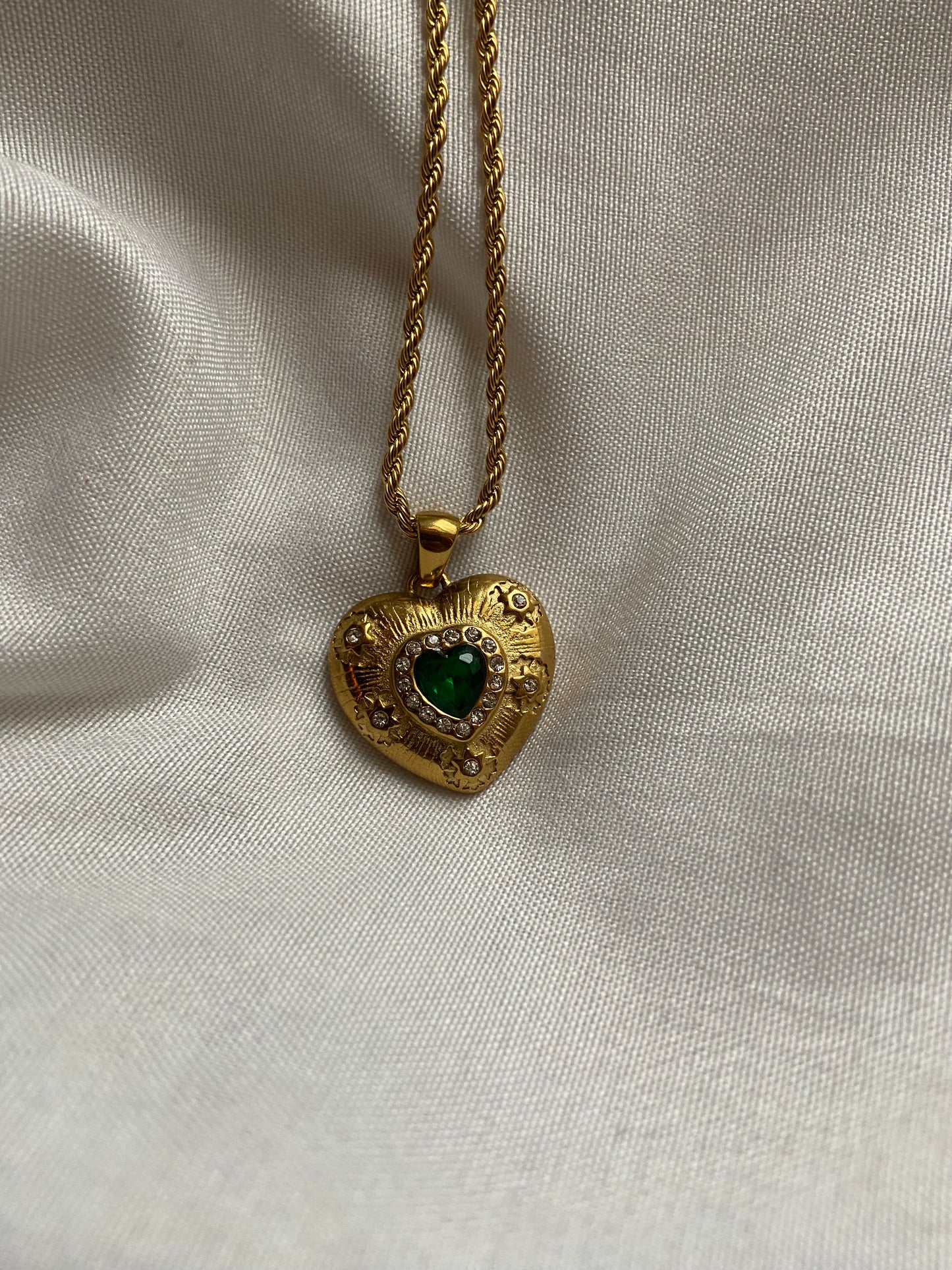Green Gem Engraved Heart Necklace