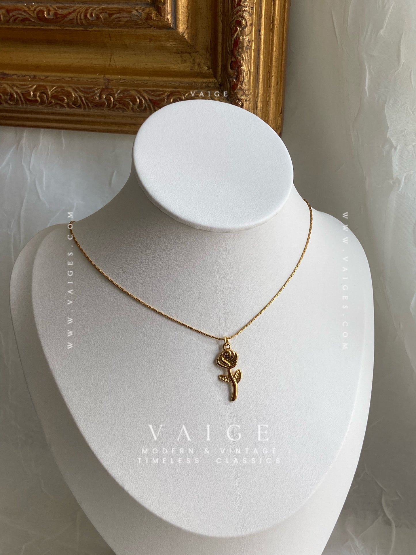 VAIGE 18K Gold Plated Stainless Steel Rose Charm Necklace