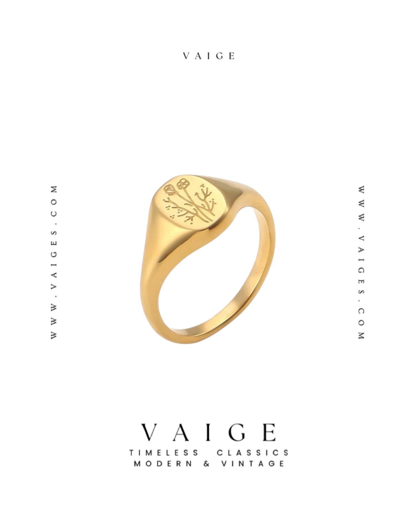 VAIGE Stainless Steel 18K Gold Engraving Wildflower Lavender Sunflower Signet Ring