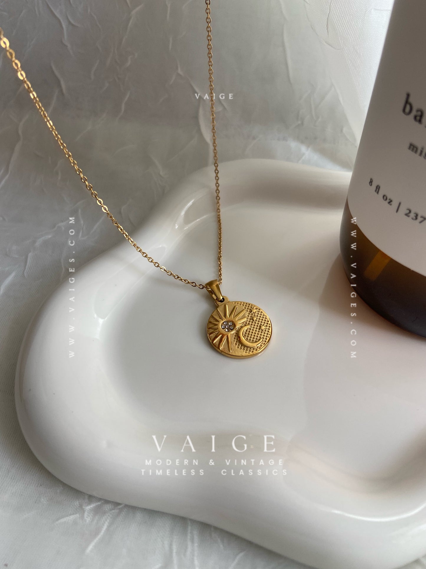 VAIGE 18K Gold Plated Stainless Steel Sun Moon Star Necklace