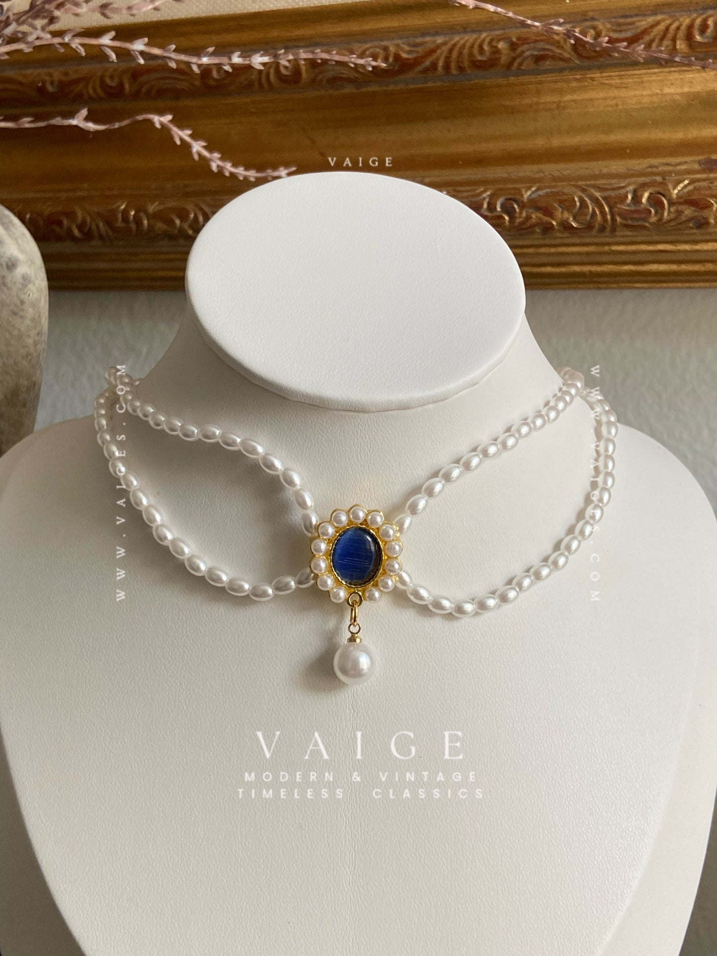 VAIGE Alloy Double Layer Design Opal Pearl Choker Necklace