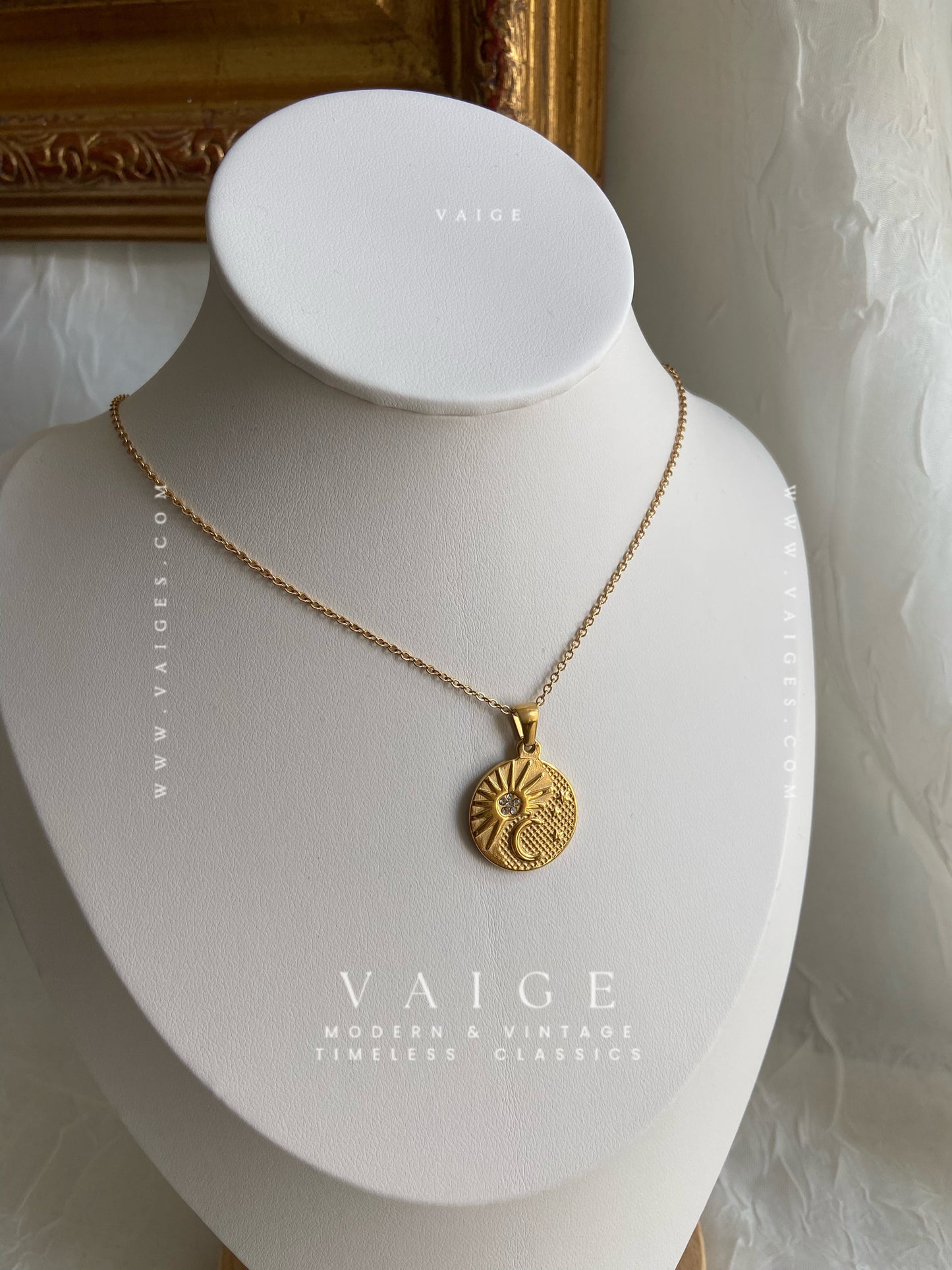 VAIGE 18K Gold Plated Stainless Steel Sun Moon Star Necklace