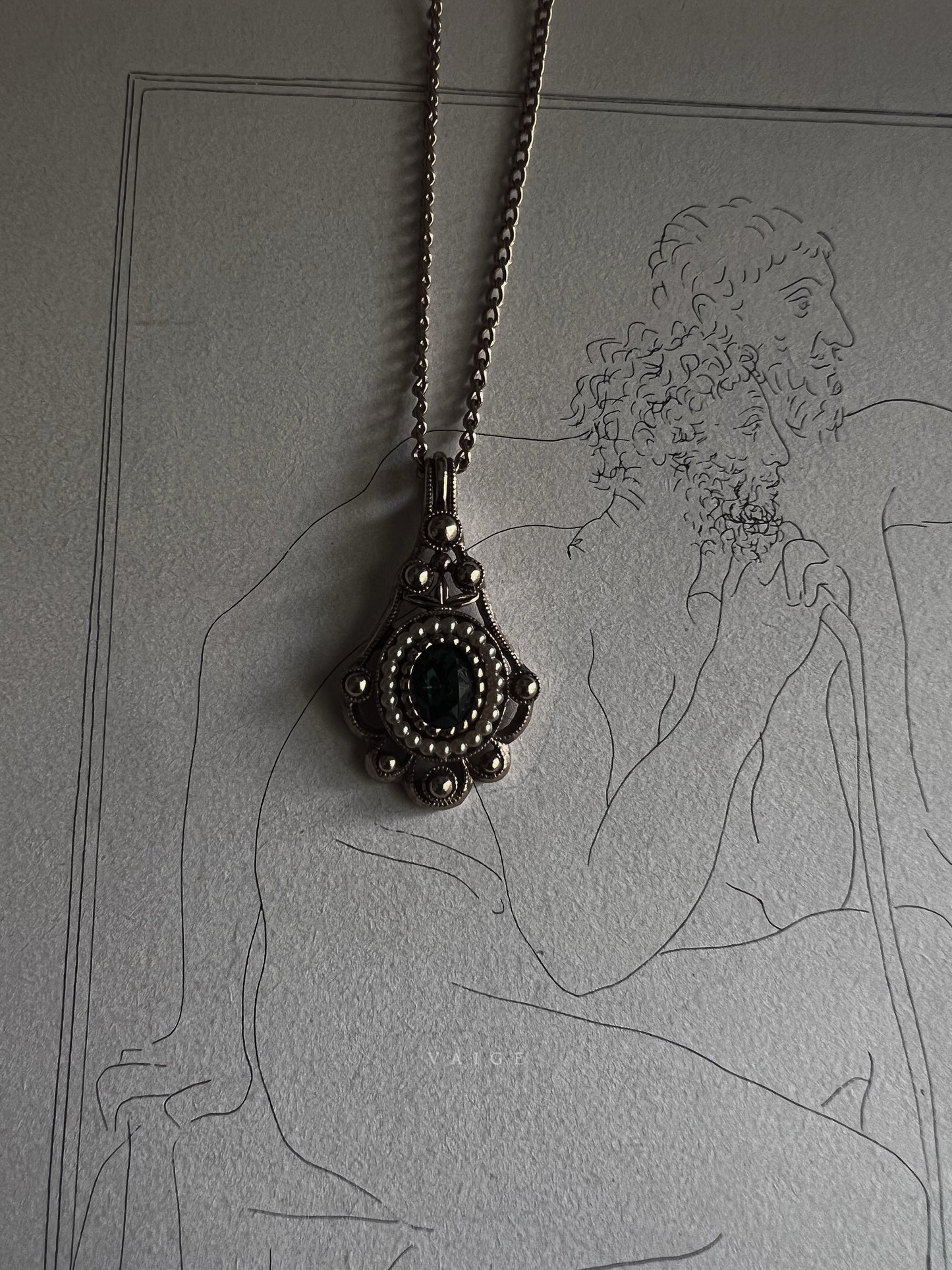 VAIGE One of One | Vintage Avon Green Stone & Pearl Gold Necklace