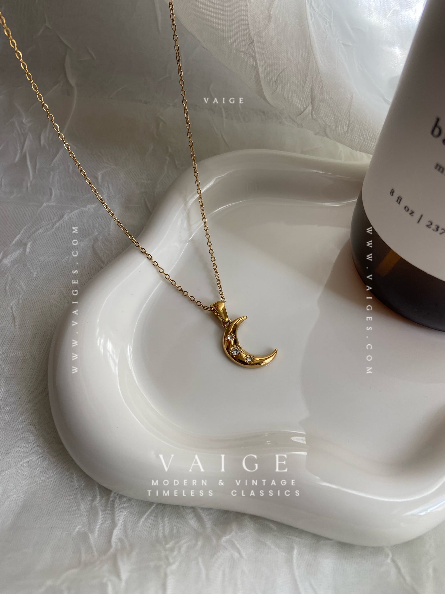 VAIGE Inlaid CZ Moon Charm 18K Golden Stainless Steel Necklace