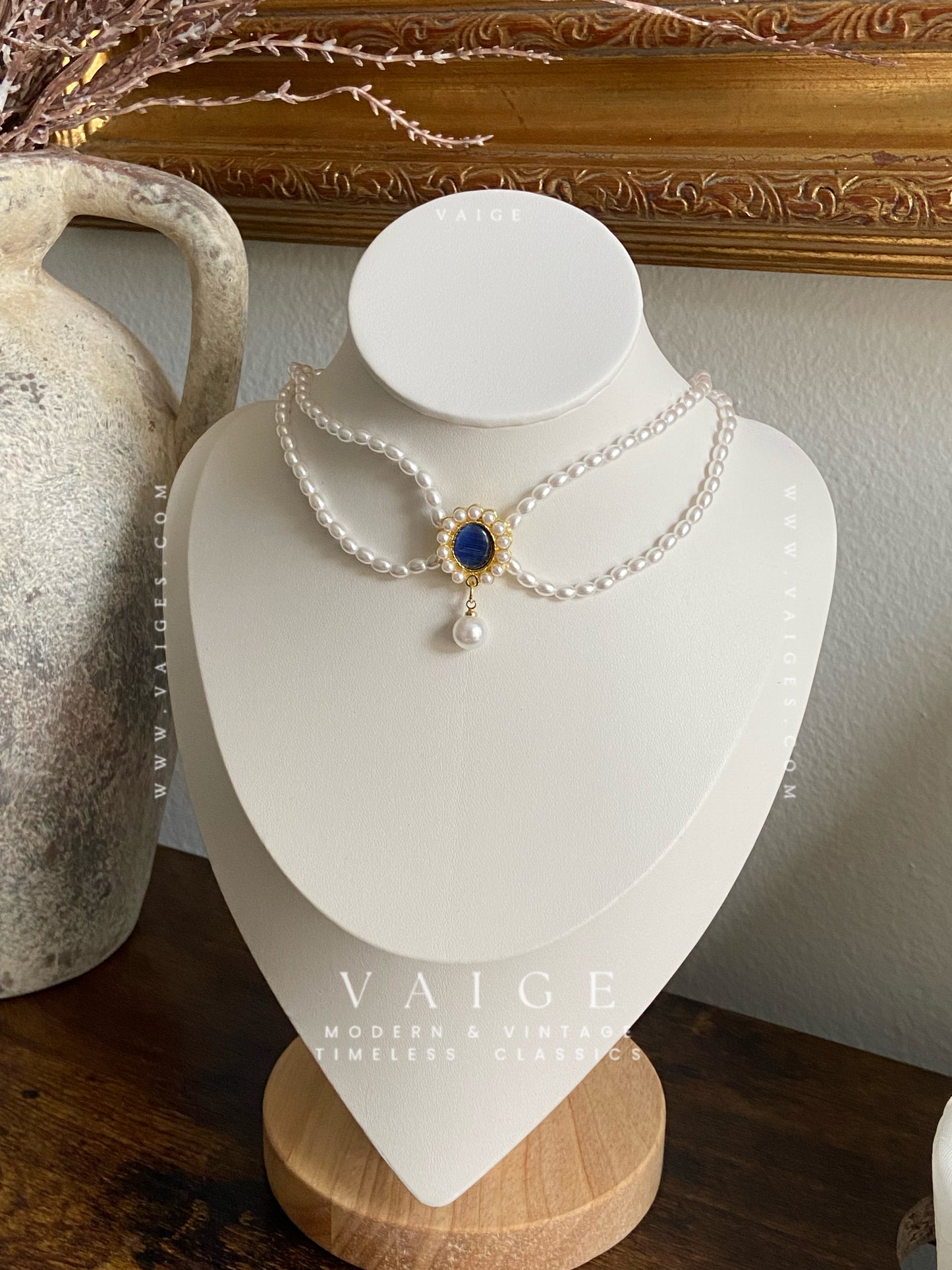 VAIGE Alloy Double Layer Design Opal Pearl Choker Necklace