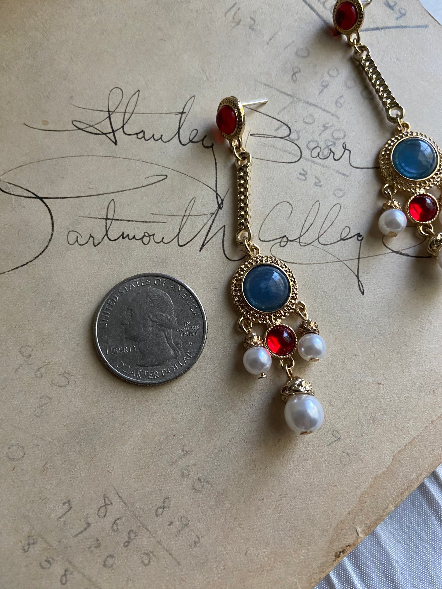 Dangle blue gem pearl earrings