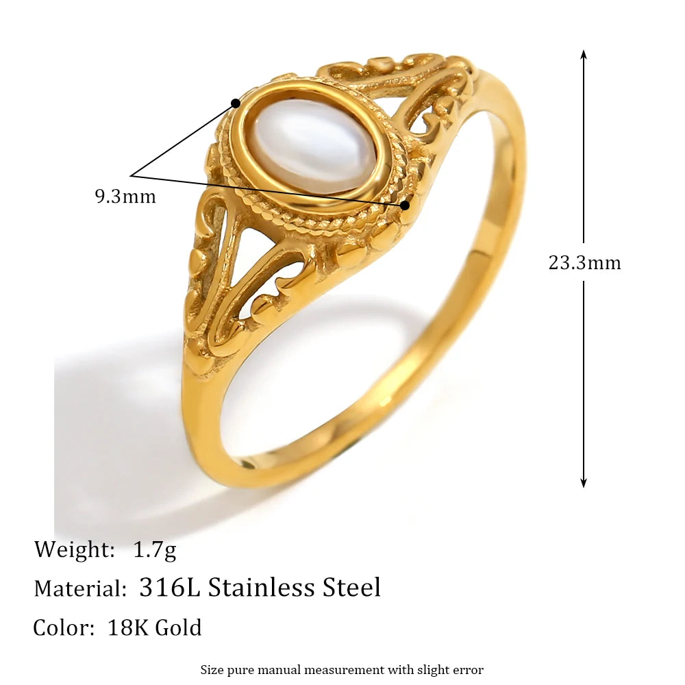 VAIGE  Gold Texture Freshwater Pearl Ring Stainless Steel
