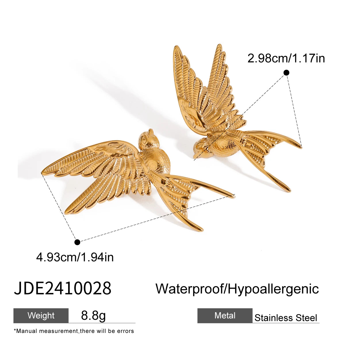 VAIGE Gold Stainless Steel Bird Dove Hummingbird Necklace Ring Earrings Jewelry Set