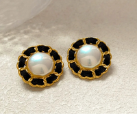 VAIGE Vintage Pearl Enamel Stud Earrings in Black and Gold