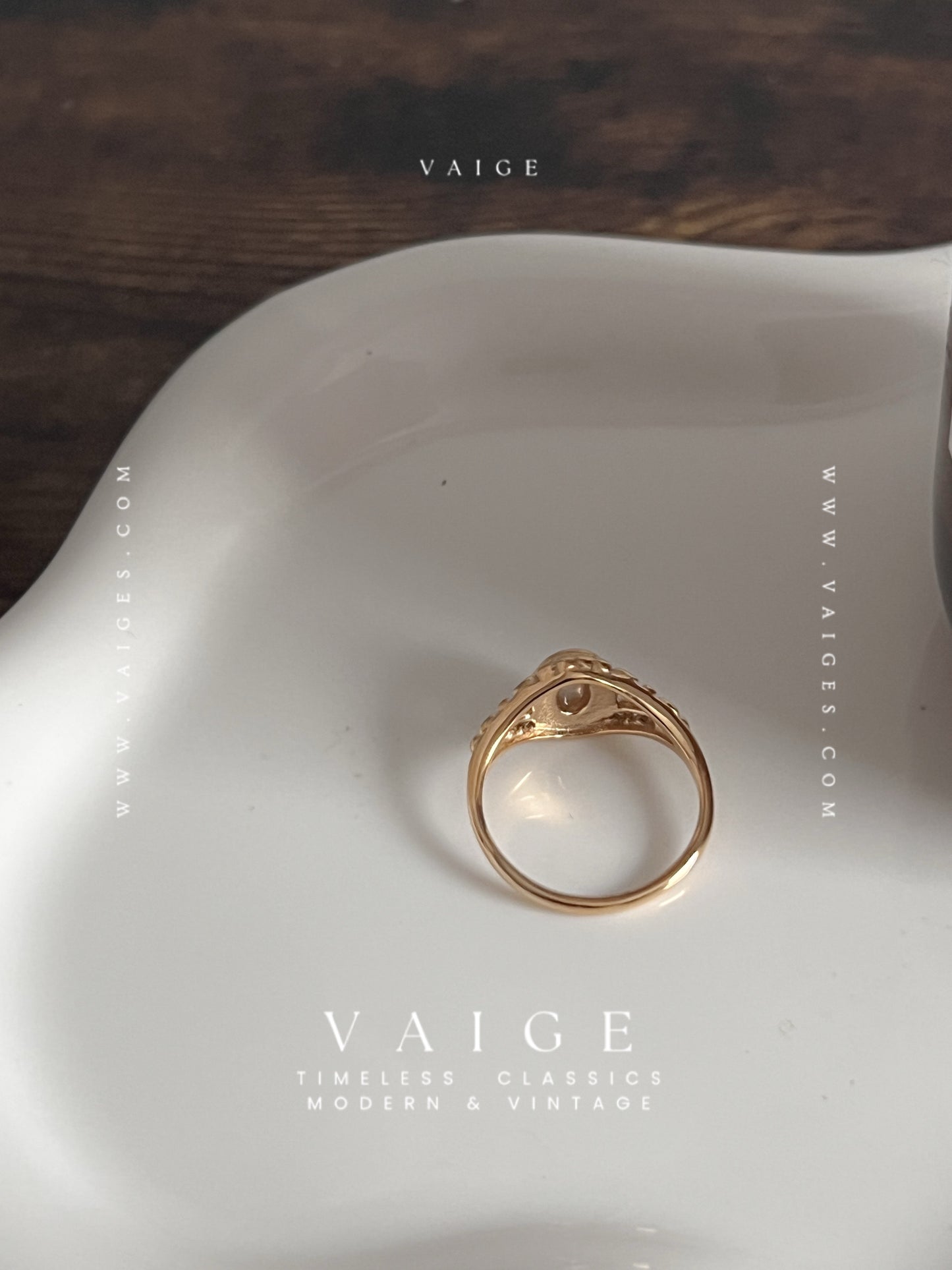 VAIGE  Gold Texture Freshwater Pearl Ring Stainless Steel