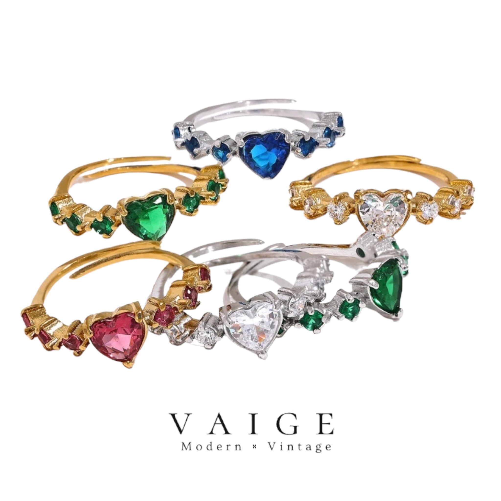 VAIGE Heartfelt Elegance Adjustable Ring Collection in White, Green, Pink, Blue, Gold & Silver Zirconia