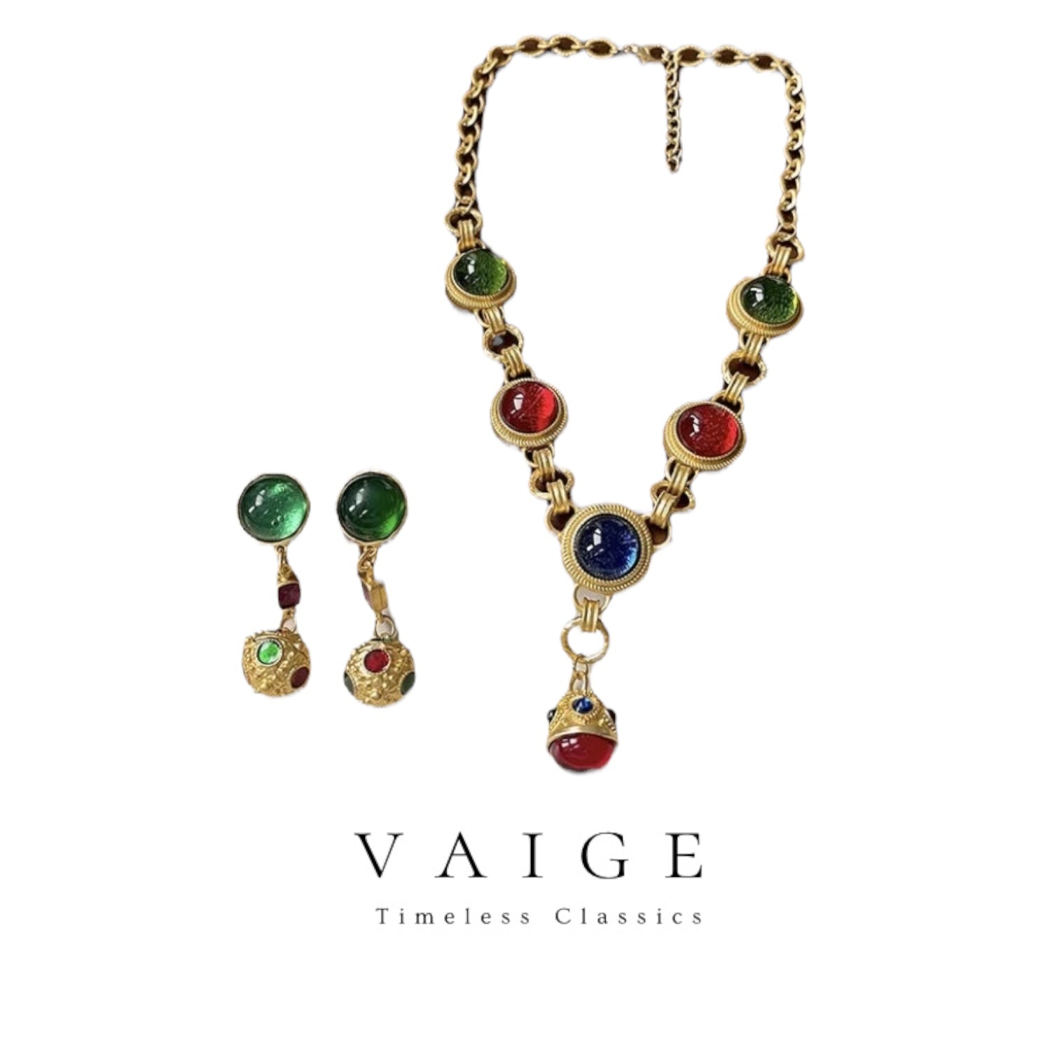 Vntage inspired lariat dangle circle gemstone gold necklace earrings