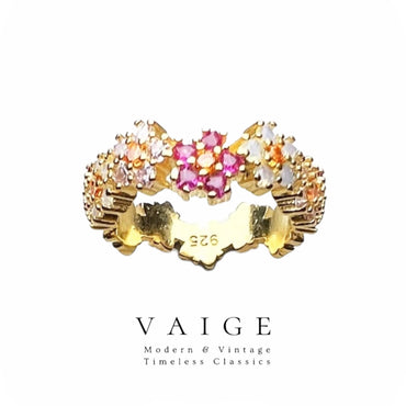 VAIGE Floral Elegance Gold Ring with Colorful Zircon Stones - 925 Sterling Silver