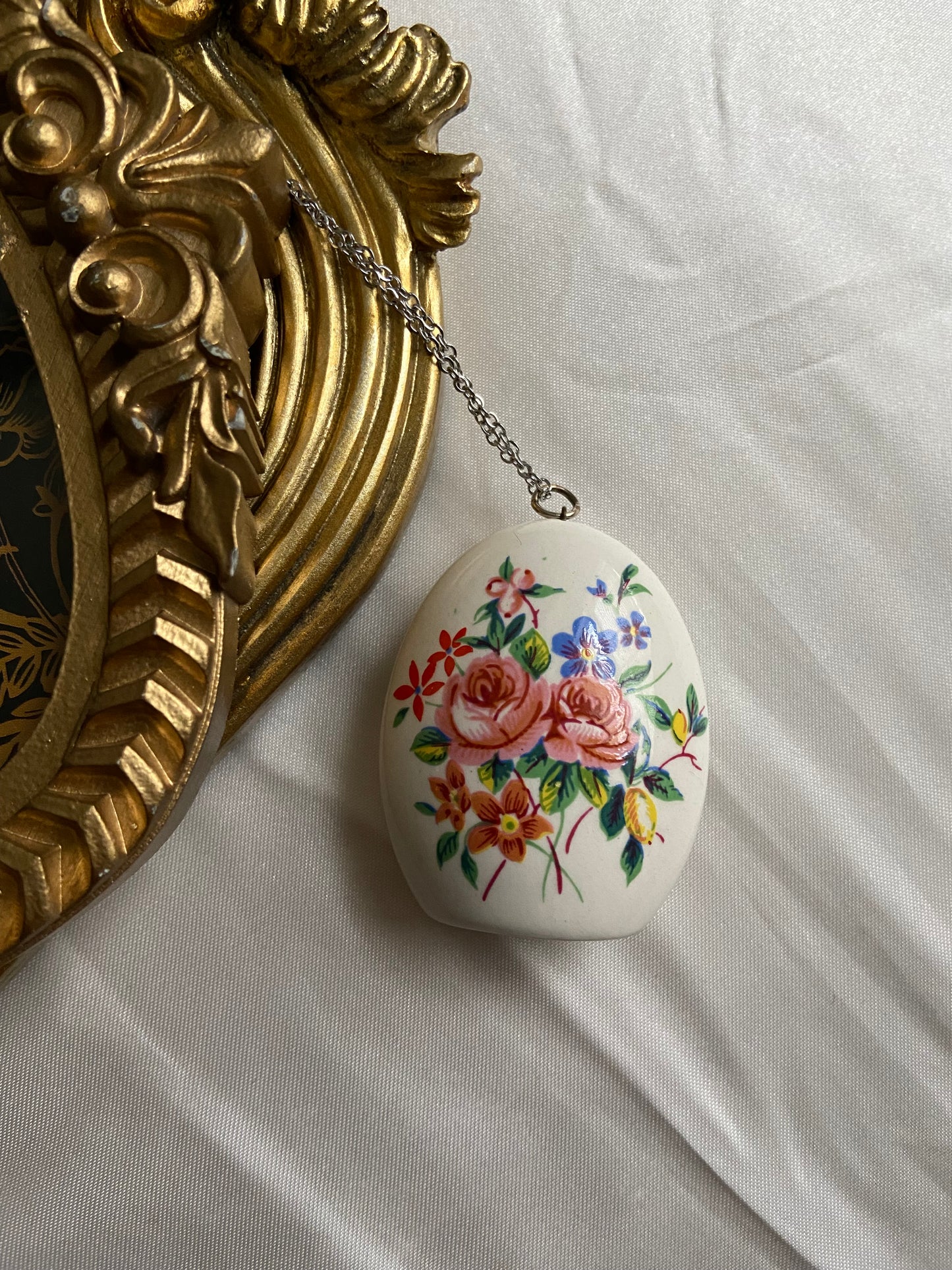 One-of-one | vintage floral painted hollow egg necklace