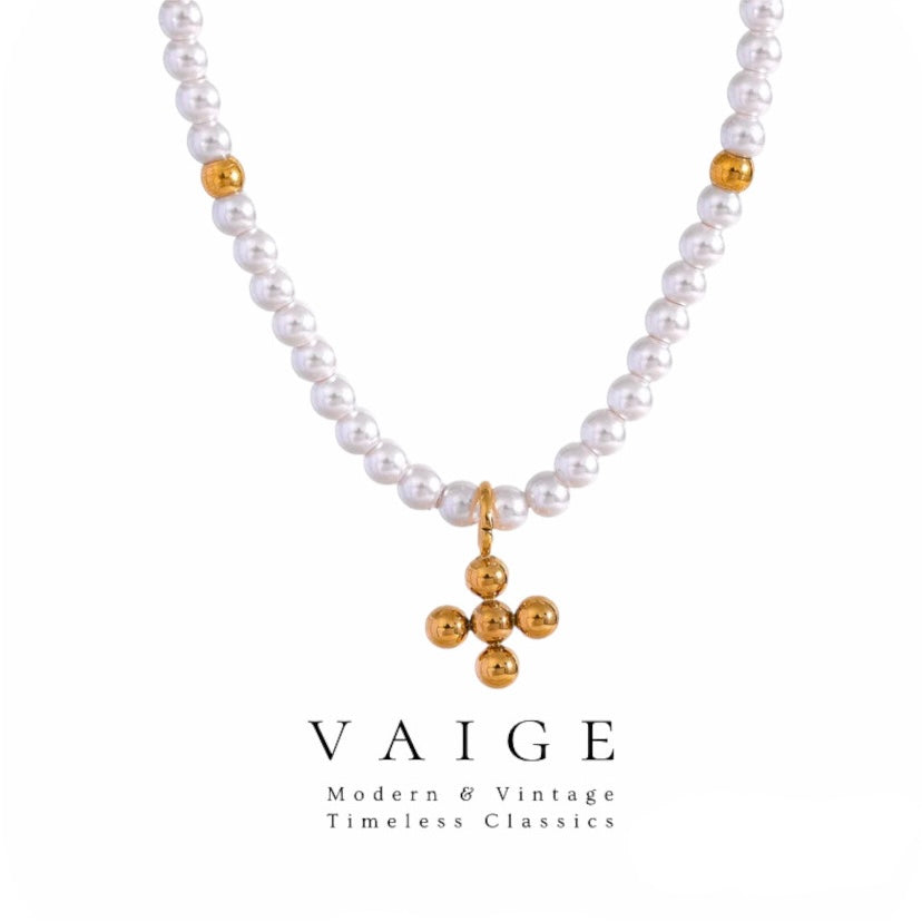 VAIGE Gold Faux Pearl Cross Pendant Necklace with Stainless Steel Elegance