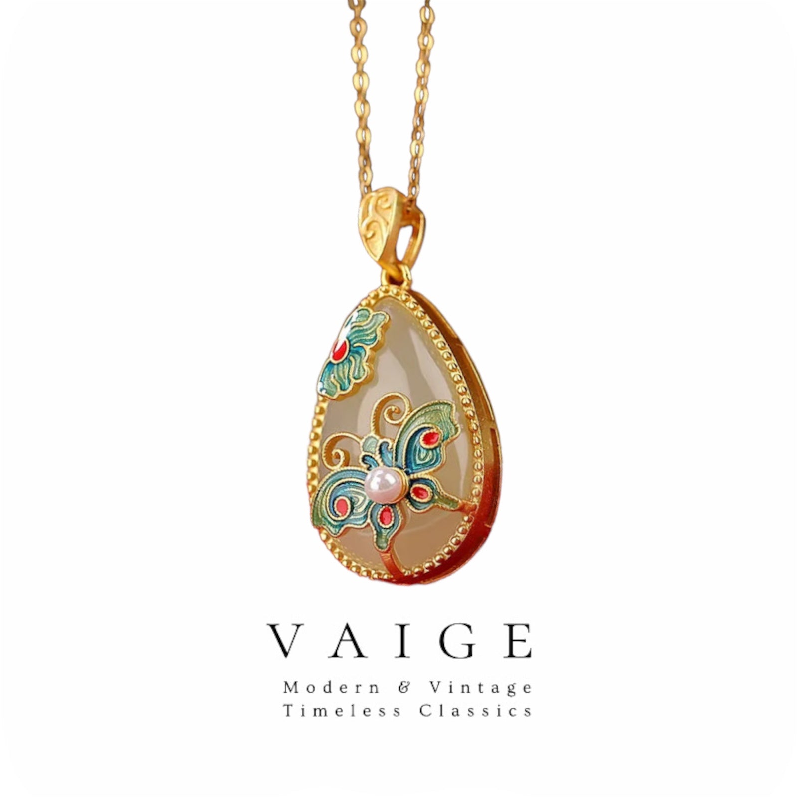 VAIGE Elegant Water Droplet Pearl & Silver Butterfly Pendant Necklace in Iridescent White