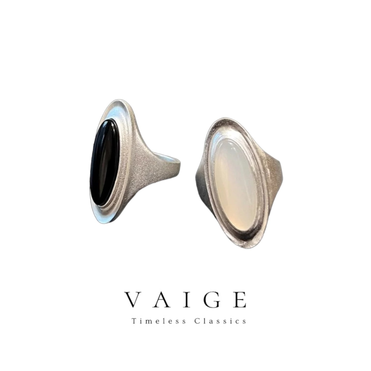 VAIGE Elegant Vintage-Inspired Black and Clear Gemstone Oval Ring