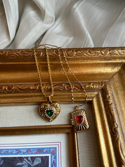 Green Gem Engraved Heart Necklace
