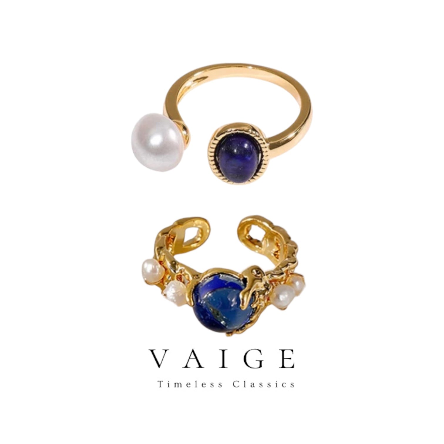 VAIGE Irregular Gold Ring with Pearl Blue Gemstone Elegance