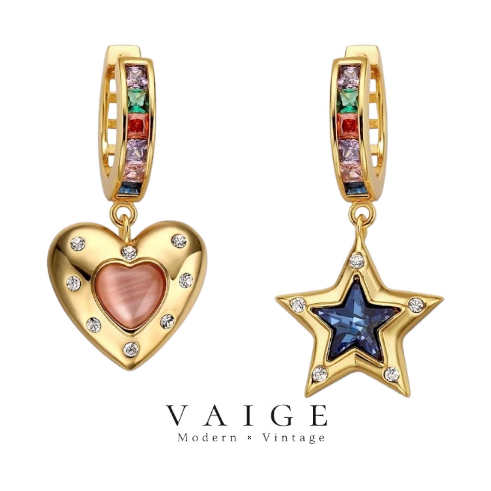 VAIGE Heart-Shaped Pink & Blue Gemstone Huggie Hoop Earrings