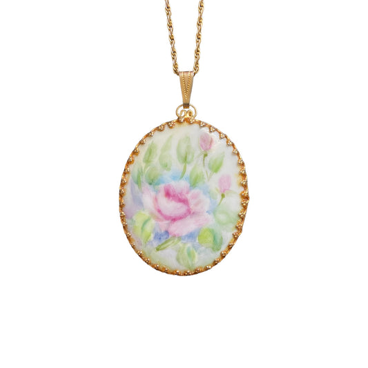 One-of-one | vintage painted pink flower porcelain necklace
