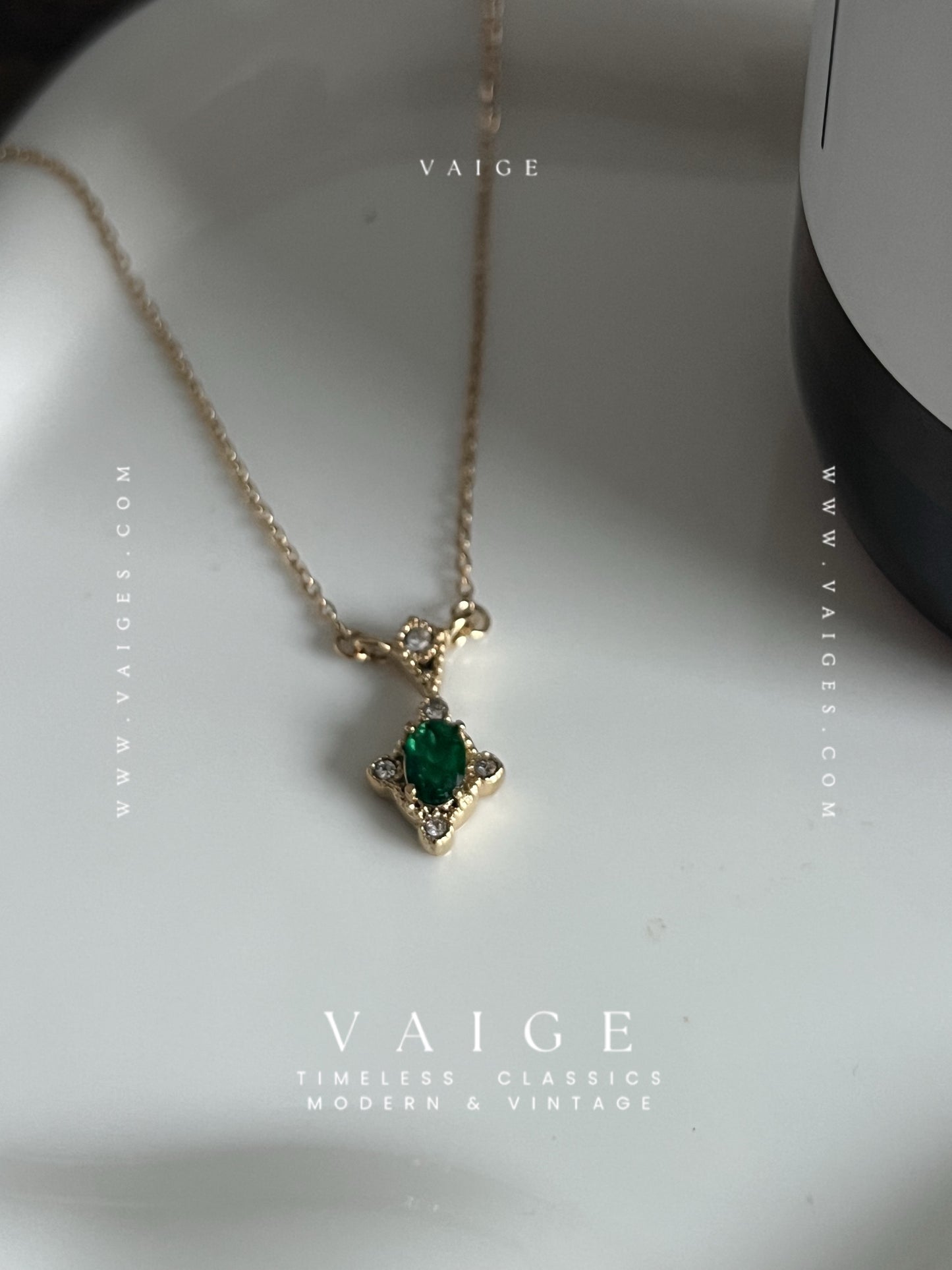 VAIGE Dainty Diamond Oval Zircon Charm Black White Pink Green Necklace Stainless Steel Gold