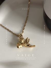 VAIGE Stainless Steel Angel Cherub Heart Pendant Necklace Gold