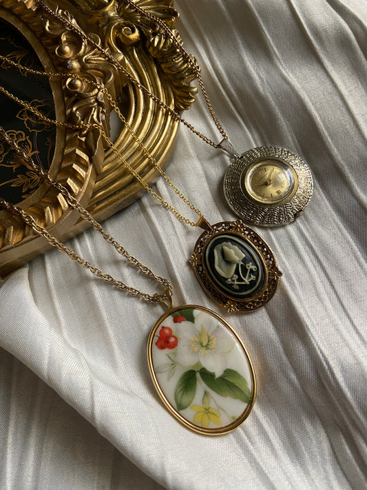 One-of-one | Vintage Necklaces Pocket Watch Cameo Porcelain Flower