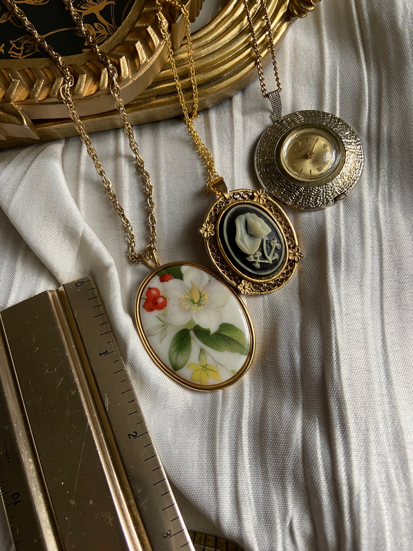 One-of-one | Vintage Necklaces Pocket Watch Cameo Porcelain Flower