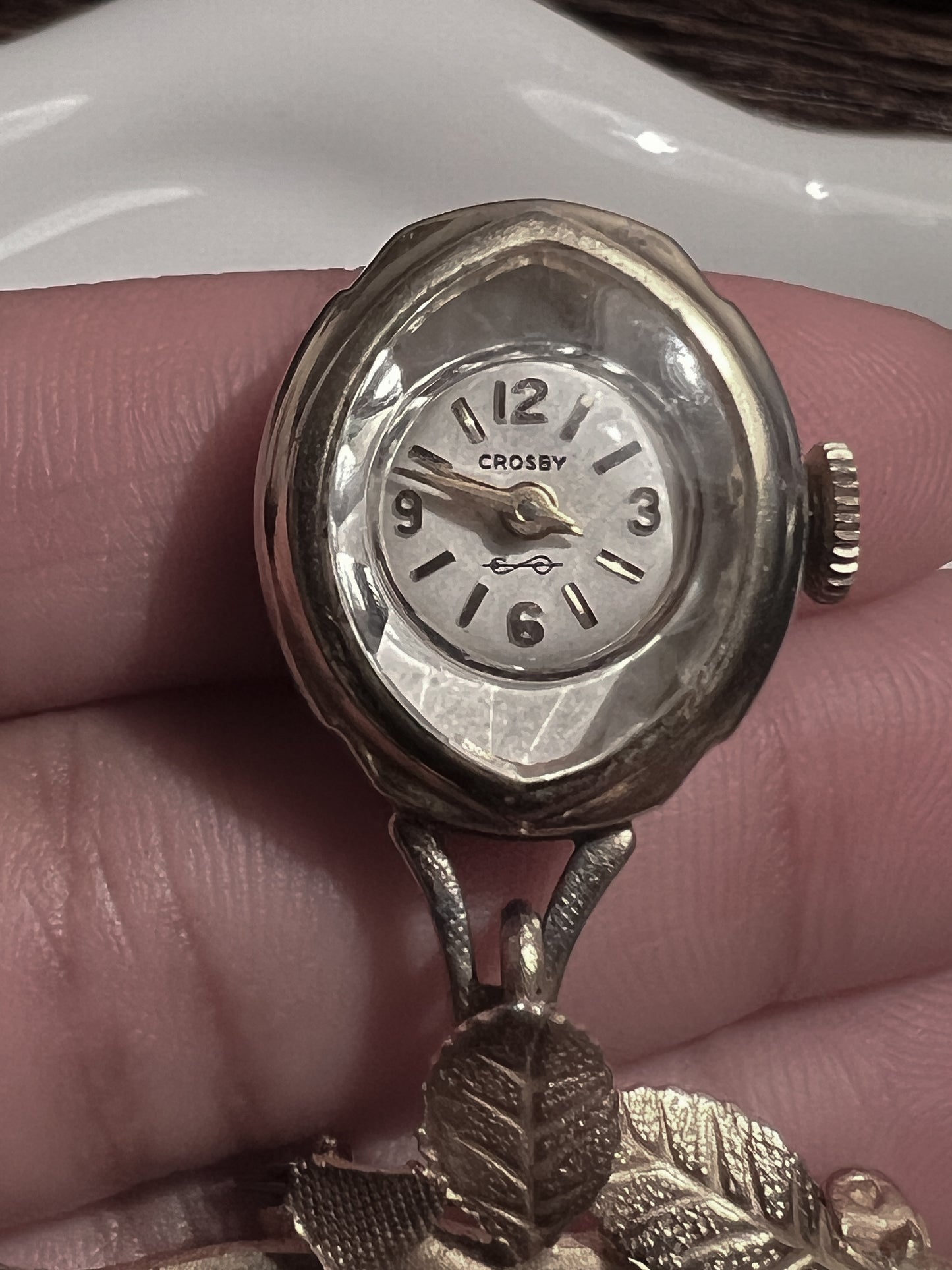 Vintage floral Crosby gold watch brooch