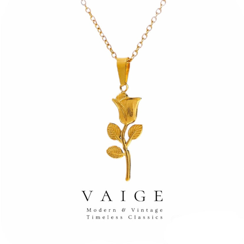 VAIGE Elegant Gold-Plated Rose Flower Stainless Steel Necklace in Radiant Gold