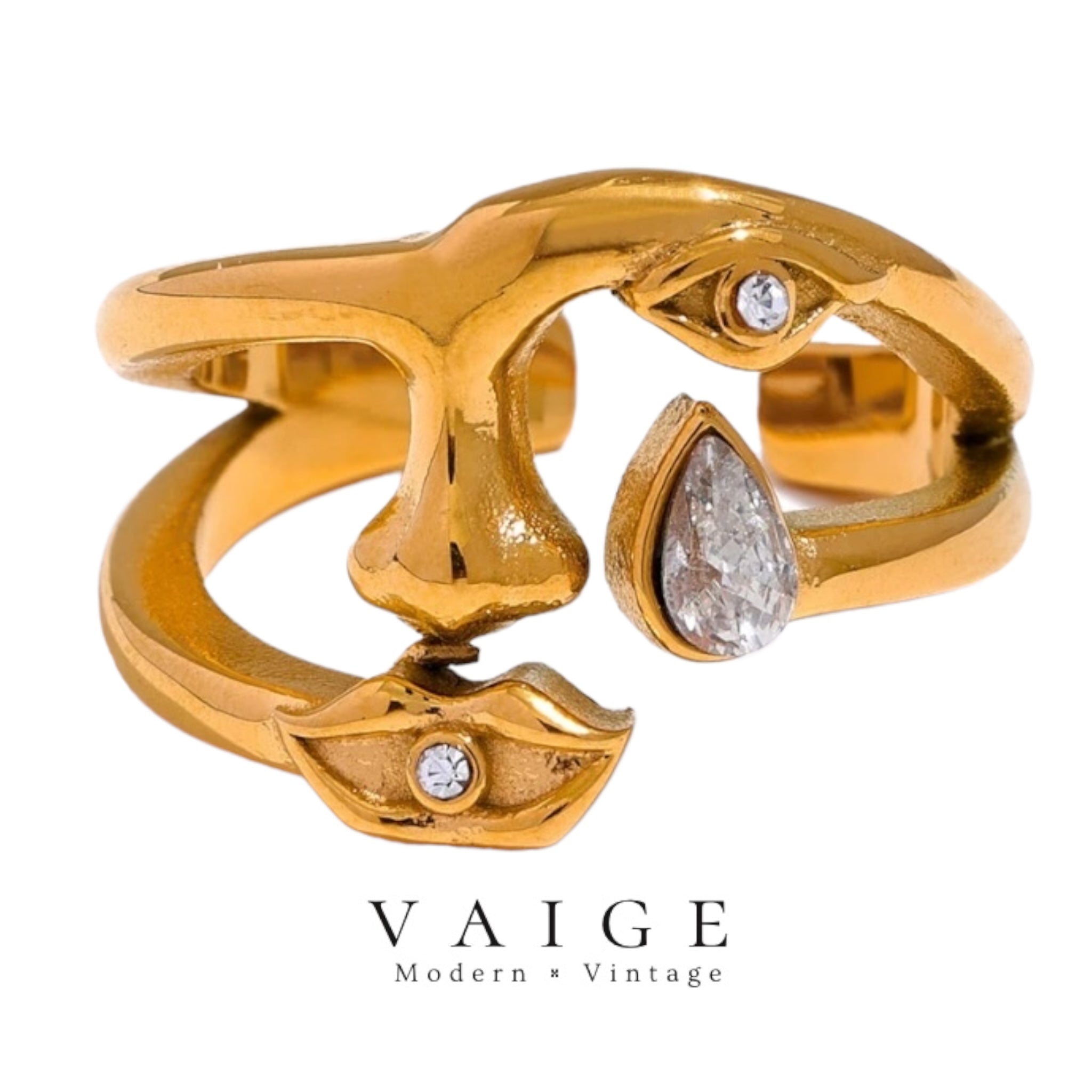 VAIGE Luxe Gold-Plated Stainless Steel Face & Eye Zirconia Ring