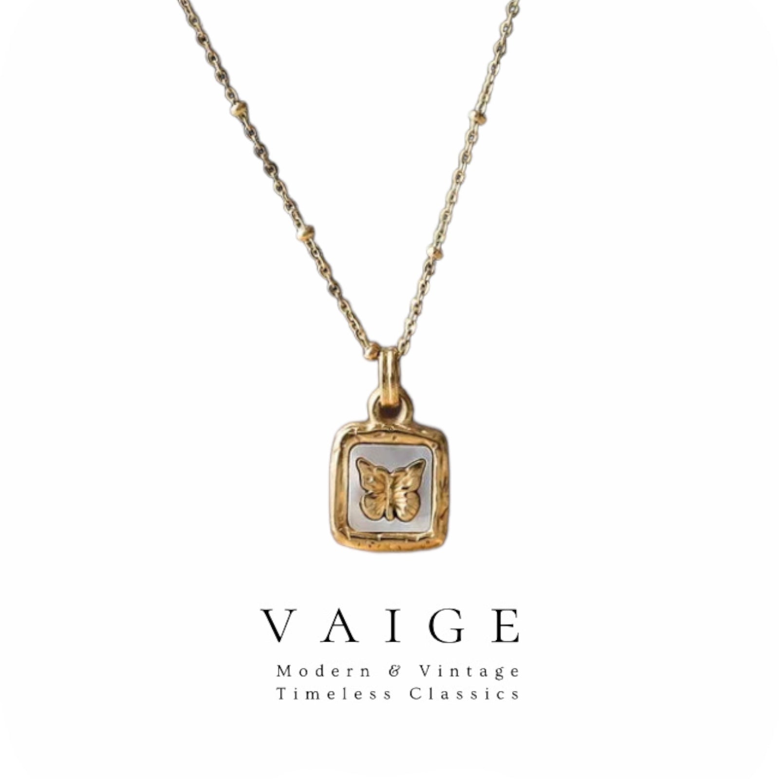 VAIGE Elegant Gold Butterfly and Pearl Irregular Square Necklace