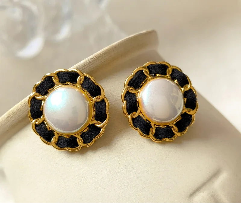 VAIGE Vintage Pearl Enamel Stud Earrings in Black and Gold