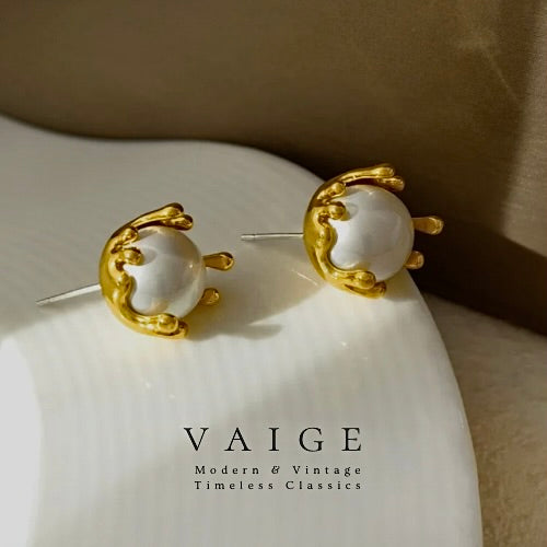 VAIGE Elegant Gold-Dipped Round Pearl Stud Earrings in Silver and Gold