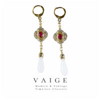 VAIGE Enchanting Red Floral Dangle Huggie Hoop Earrings with Natural Tourmaline and Chalcedony