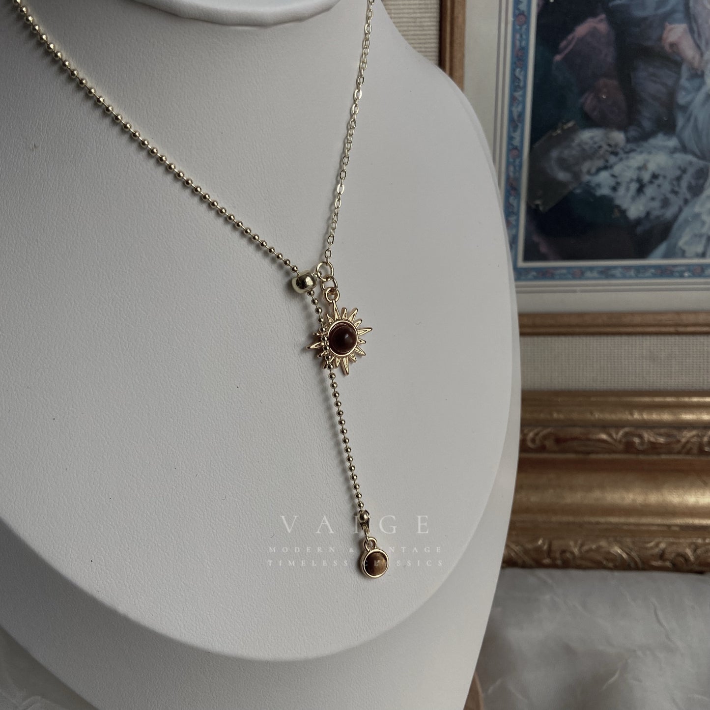 VAIGE Long Sunflower Tiger Eye Pendant Necklace