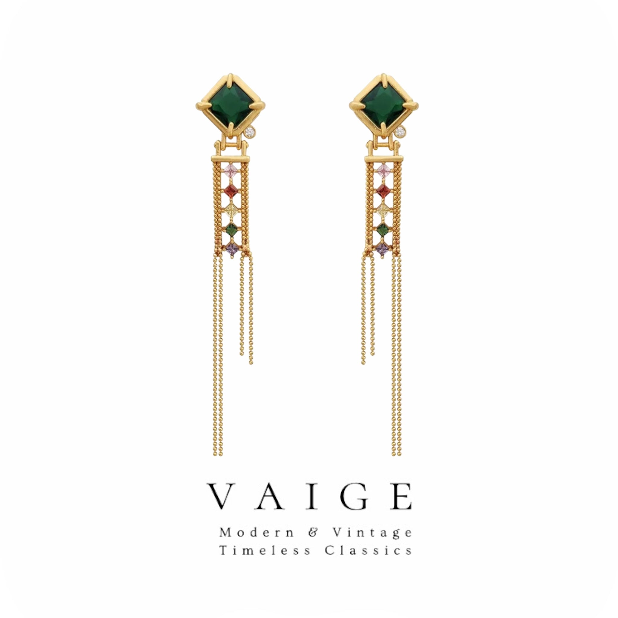 VAIGE Vintage Green Tassel Drop Earrings with Colorful Accents in Gold, Purple, Yellow, Pink, and Red