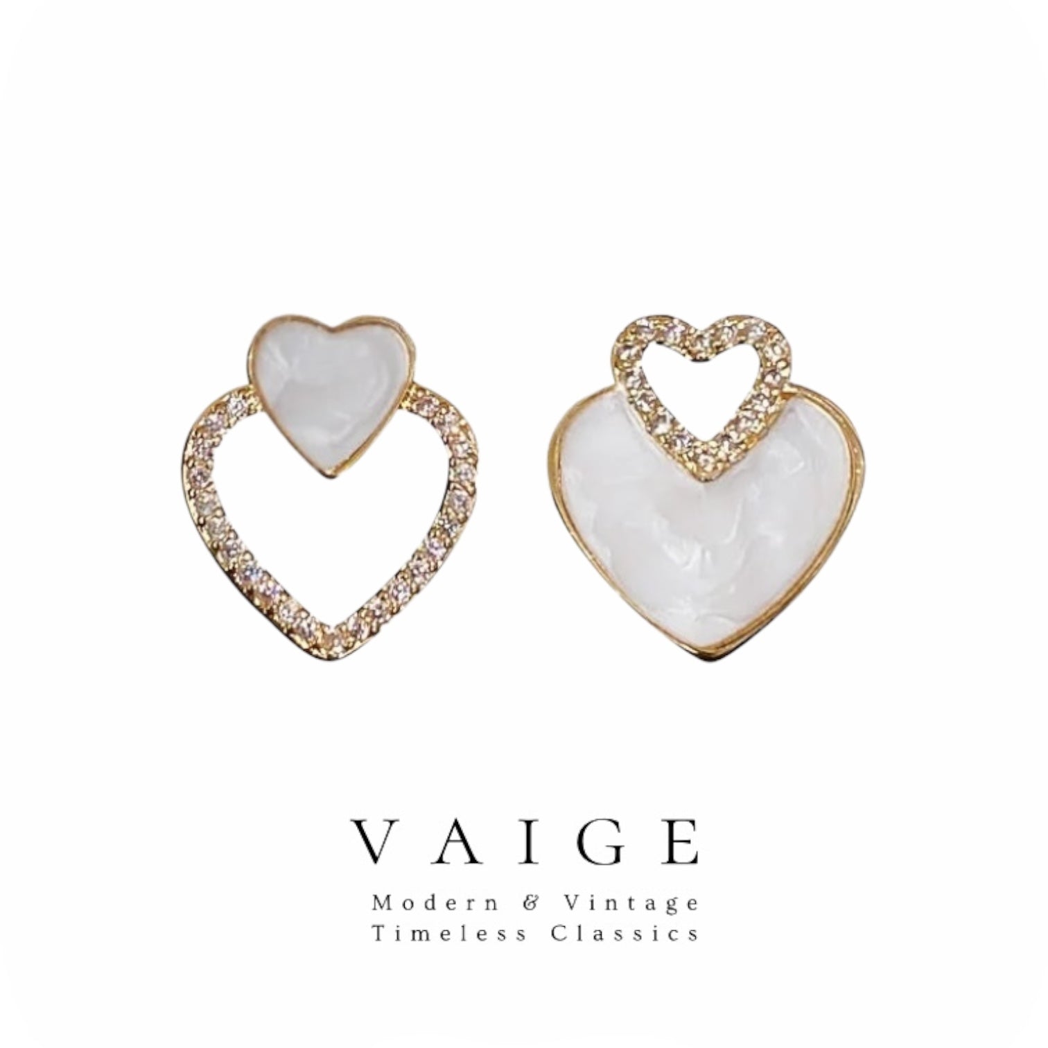 Asymmetrical Heart enamel hollow gold Earrings .925 sterling