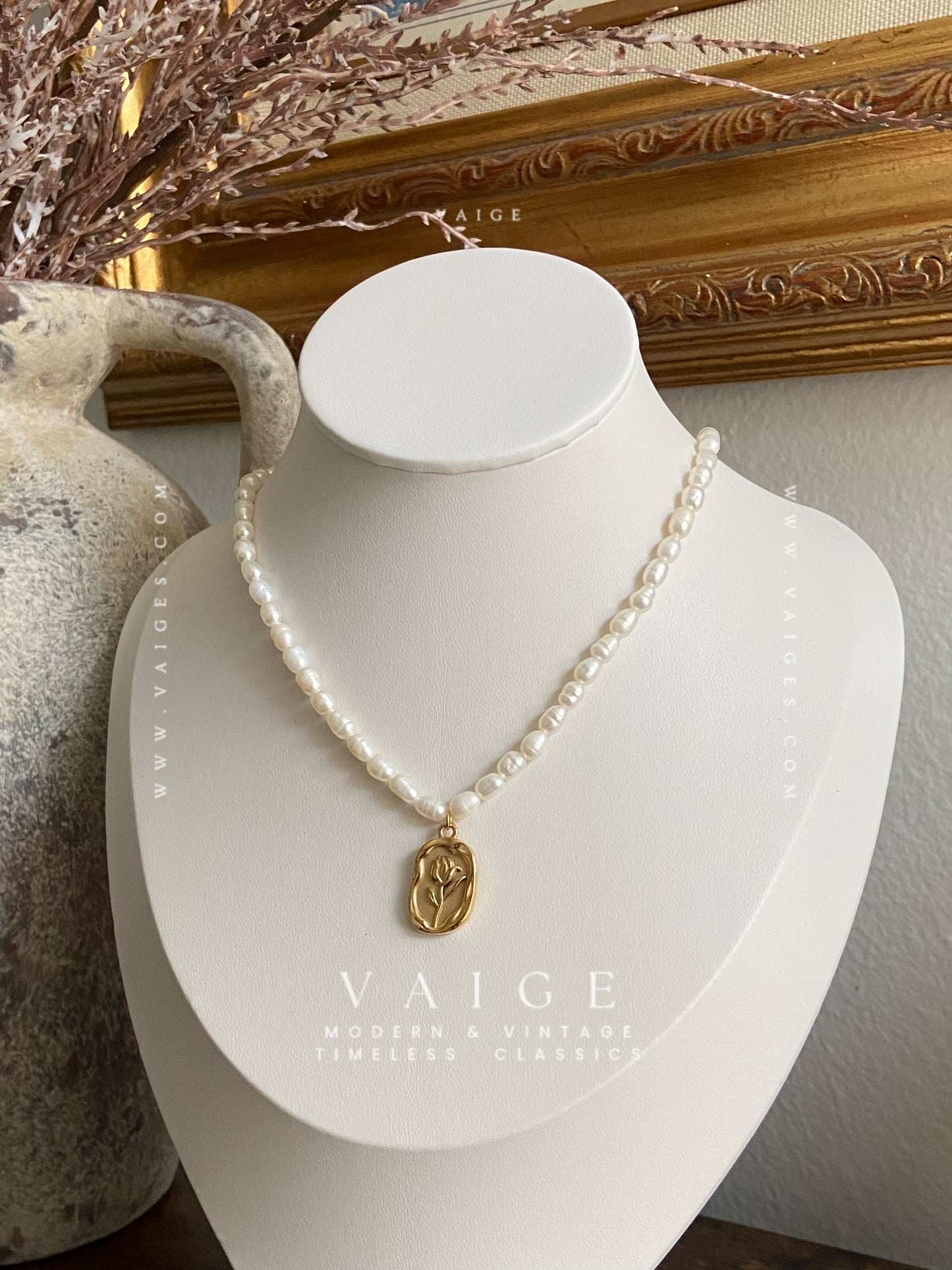 VAIGE 18K Gold Plated Stainless Steel Flower Charm Pearl Beaded Necklace