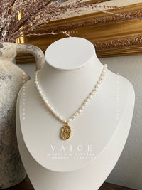 VAIGE 18K Gold Plated Stainless Steel Flower Charm Pearl Beaded Necklace