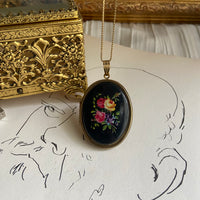 gold black painted porcelain locket necklace • 18in — Vivian Vintage Collection • only 1 available • View all photos; item is thrifted/vintage and may show flaws: (  )