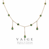 VAIGE Radiant Emerald Green & Gold Zirconia Dangle Necklace in Stainless Steel