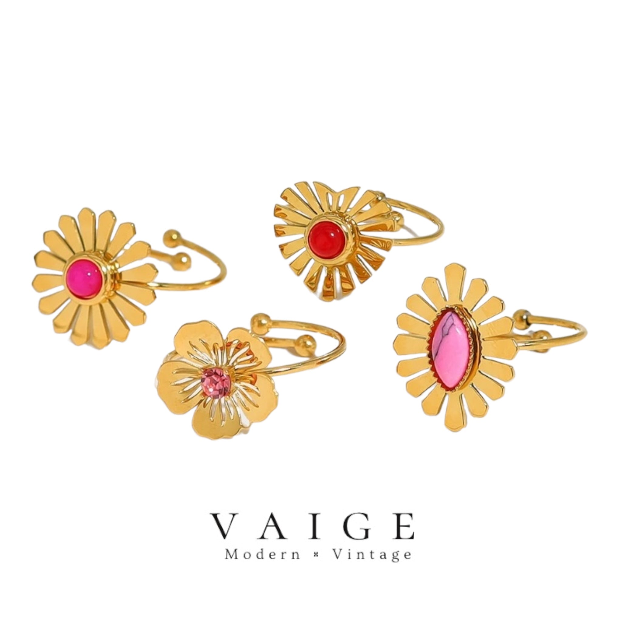 VAIGE Elegant Pink Heart Blossom Stainless Steel Ring Set