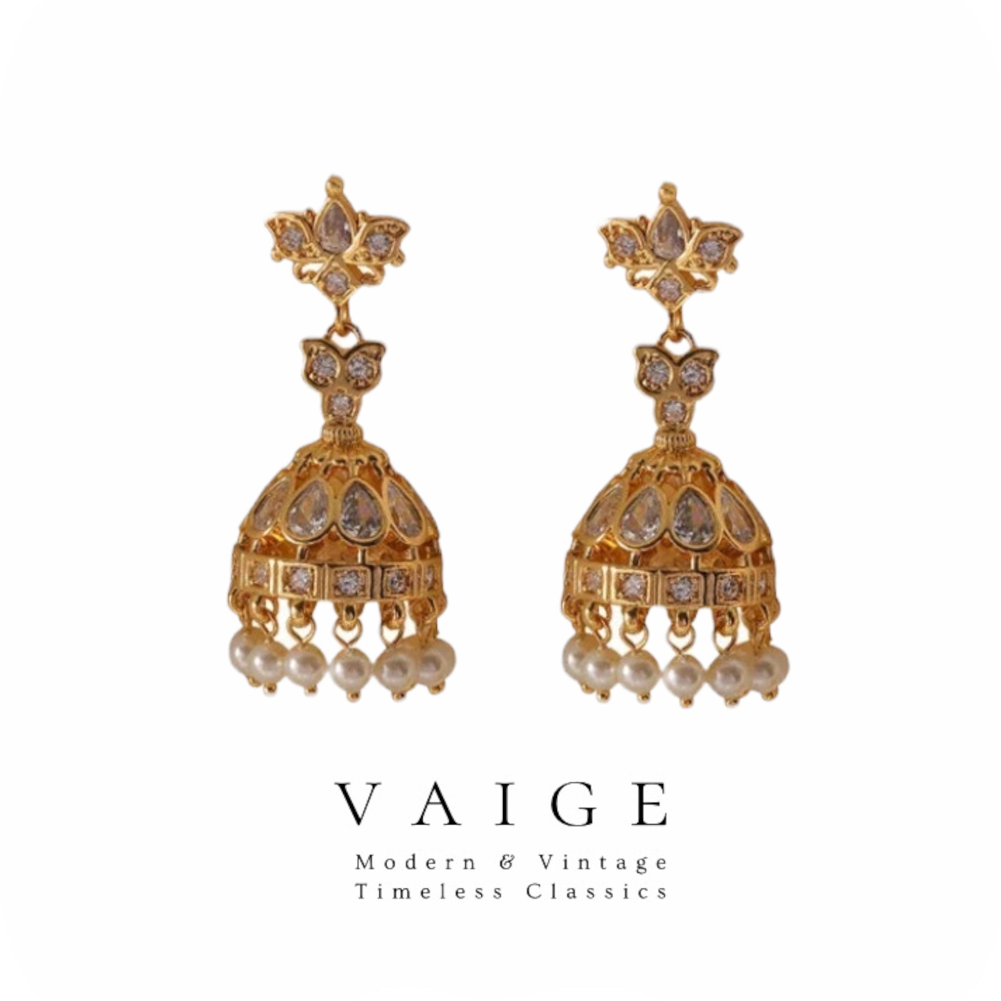 VAIGE Elegant Gold Pearl Chandelier Earrings with Glass Dangles