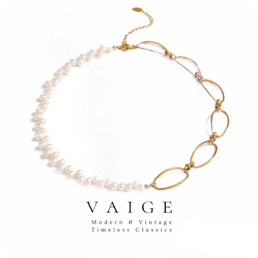 VAIGE Elegant Gold-Plated Stainless Steel and Pearl Choker Necklace in White and Gold