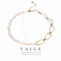 VAIGE Elegant Gold-Plated Stainless Steel and Pearl Choker Necklace in White and Gold