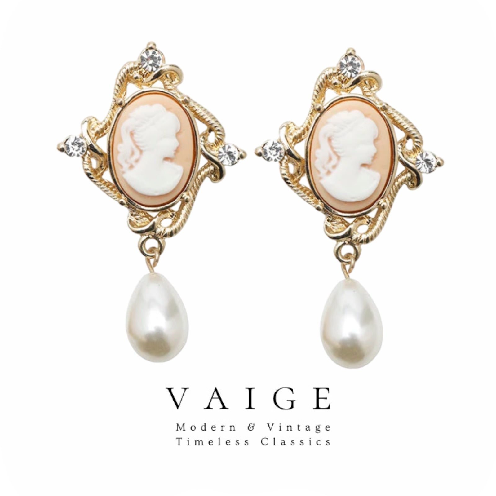 VAIGE Elegant Pink Cameo Lady Gold Pearl Dangle Earrings